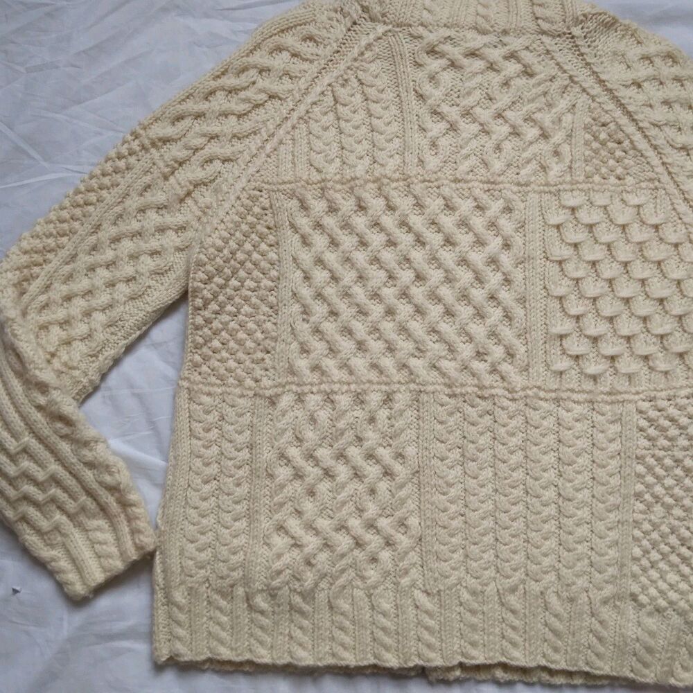 Carraig Donn Fisherman Sweater Cream Cable Knit Wool Ireland Zip Womens Medium - Picture 11 of 14